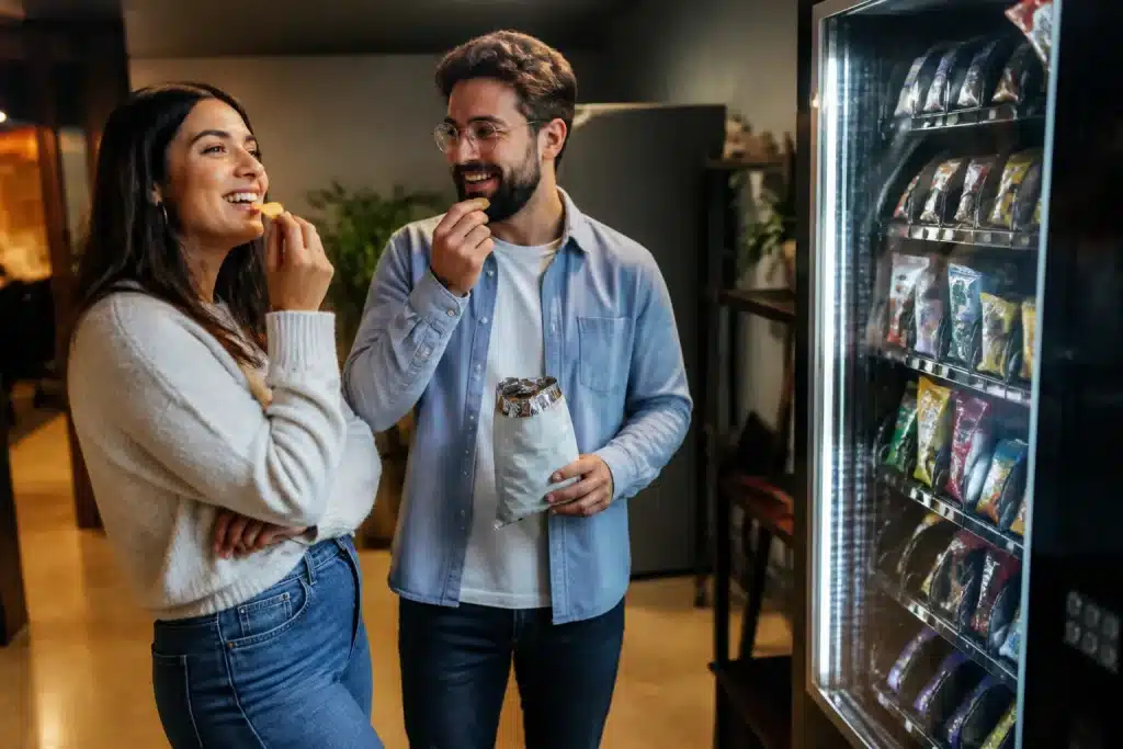 Adulti mangiano snack davanti distributore automatico ufficio