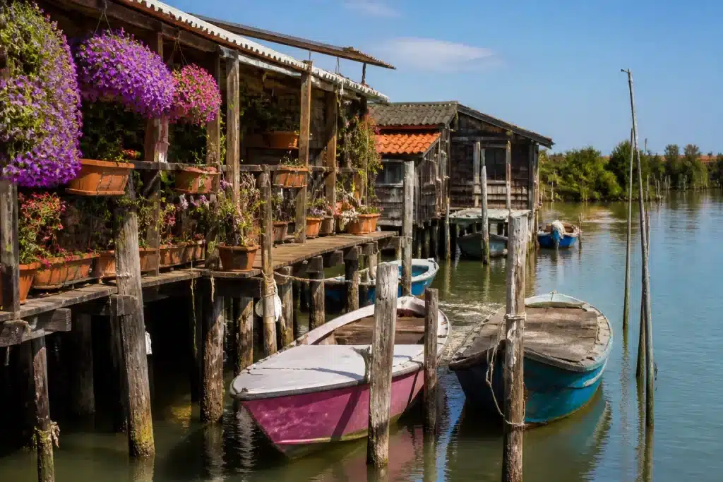Arnie su palafitte in laguna con barche e fiori viola