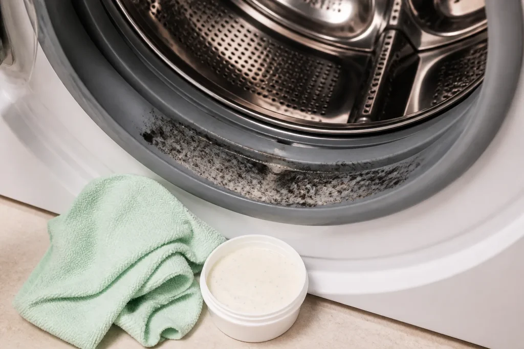 Interno apparecchio con macchie nere, panno e pasta detergente