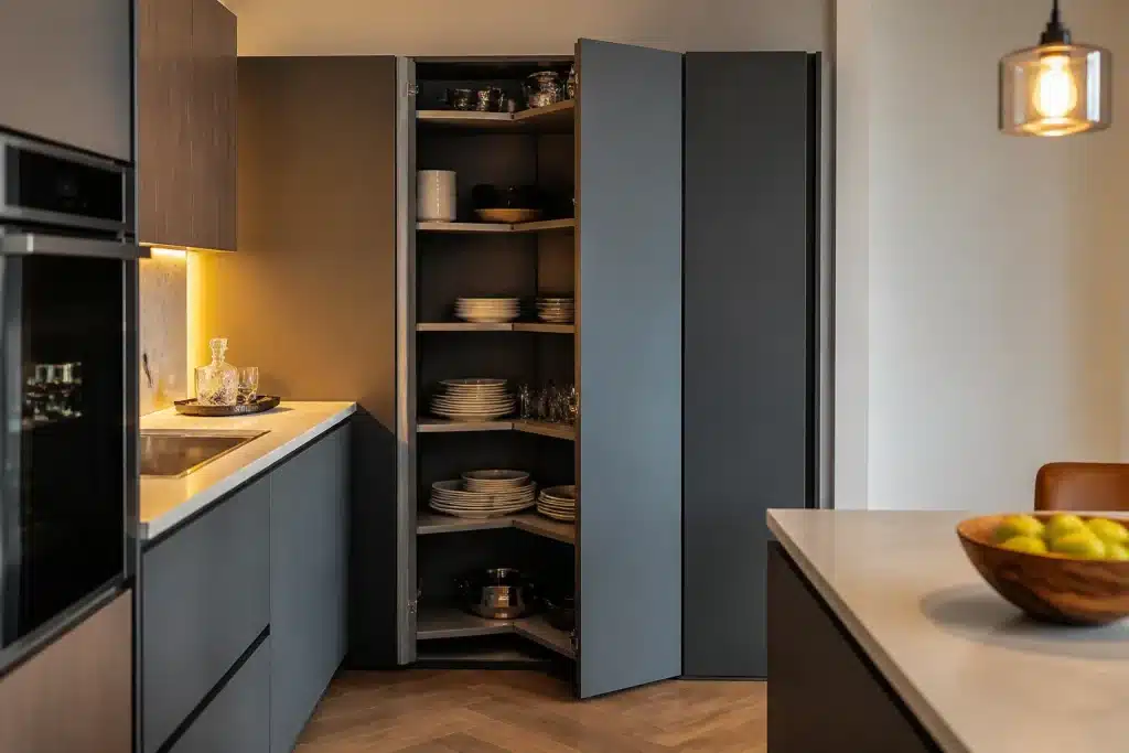 Armadio angolare con ante diagonali in cucina moderna