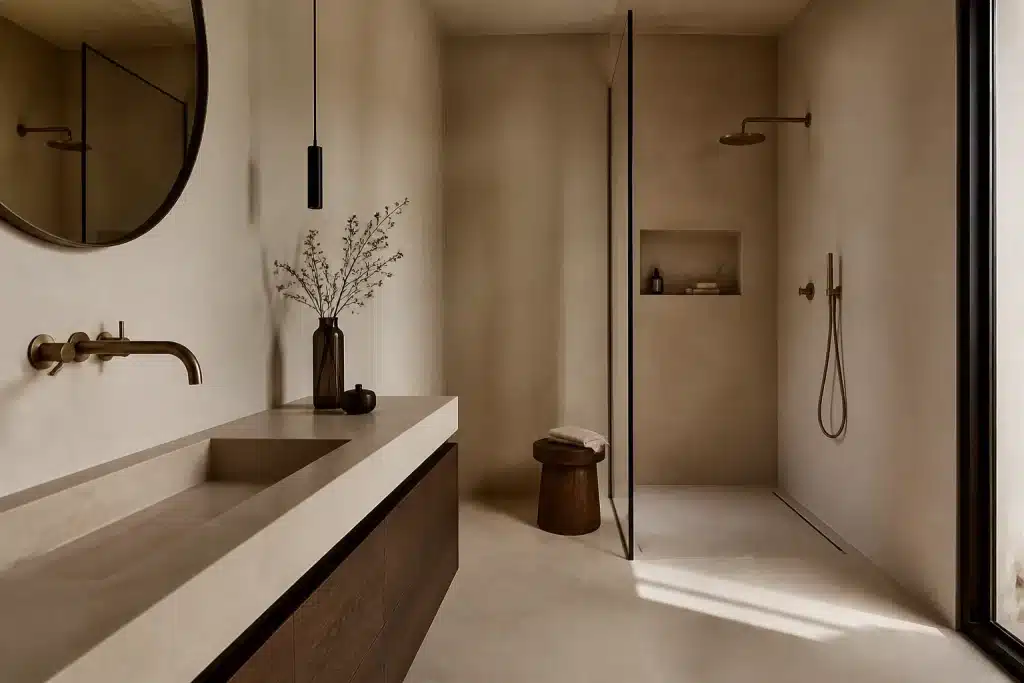 Bagno moderno con rivestimento continuo senza fughe beige