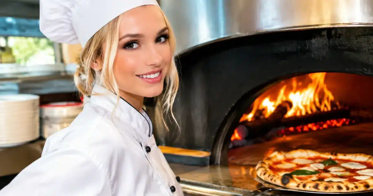 Bambola bionda in uniforme da chef davanti a forno pizza