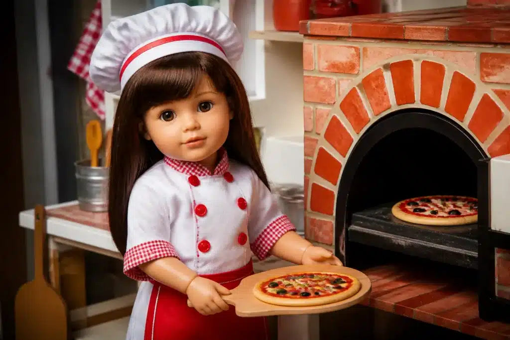 Bambola con uniforme da pizzaiola e forno in miniatura.