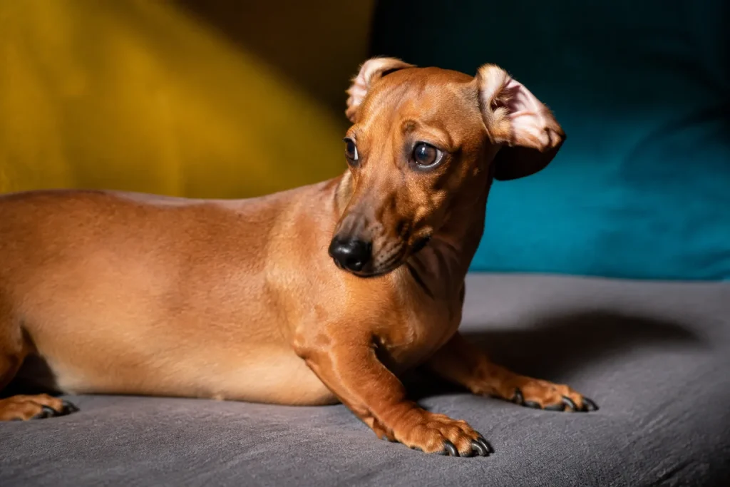 Cane bassotto con orecchie piegate all'indietro rosa