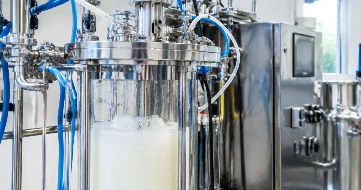 Bioreattore con liquido bianco in laboratorio di fermentazione
