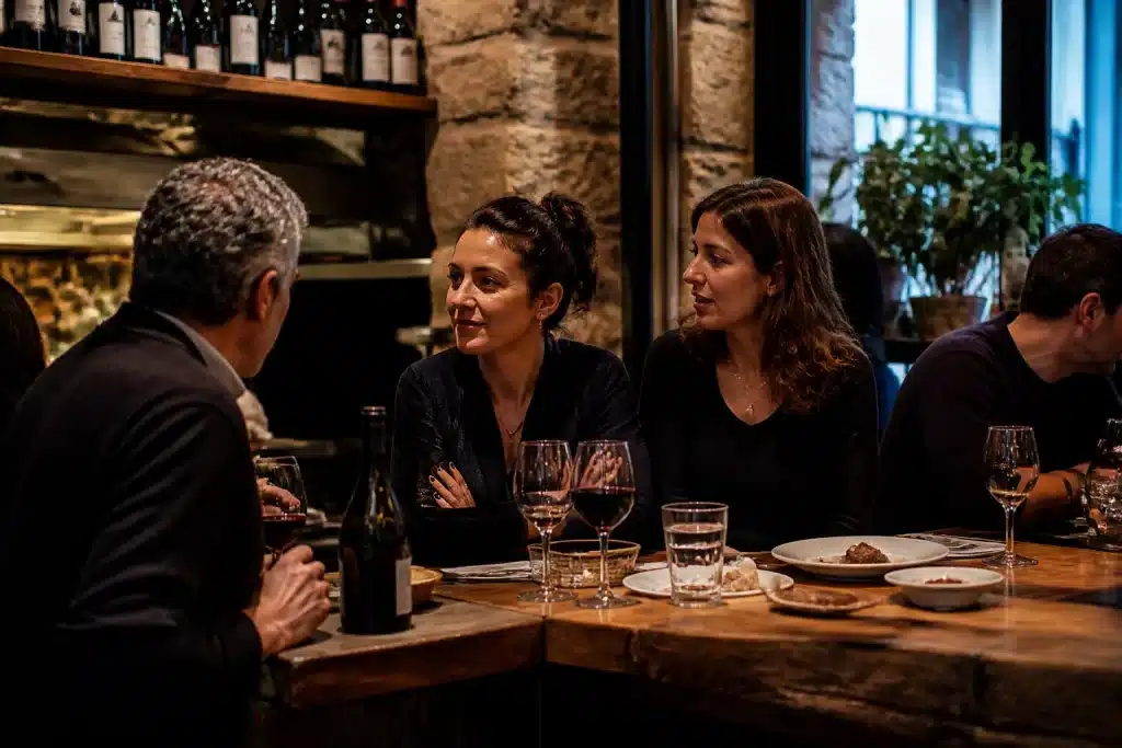 Bancone rustico di bistrot francese con avventori che conversano