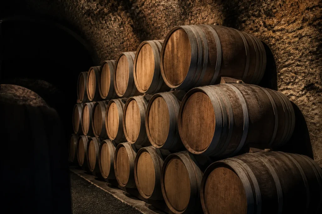 Botti impilate in cantina oscura e deserta
