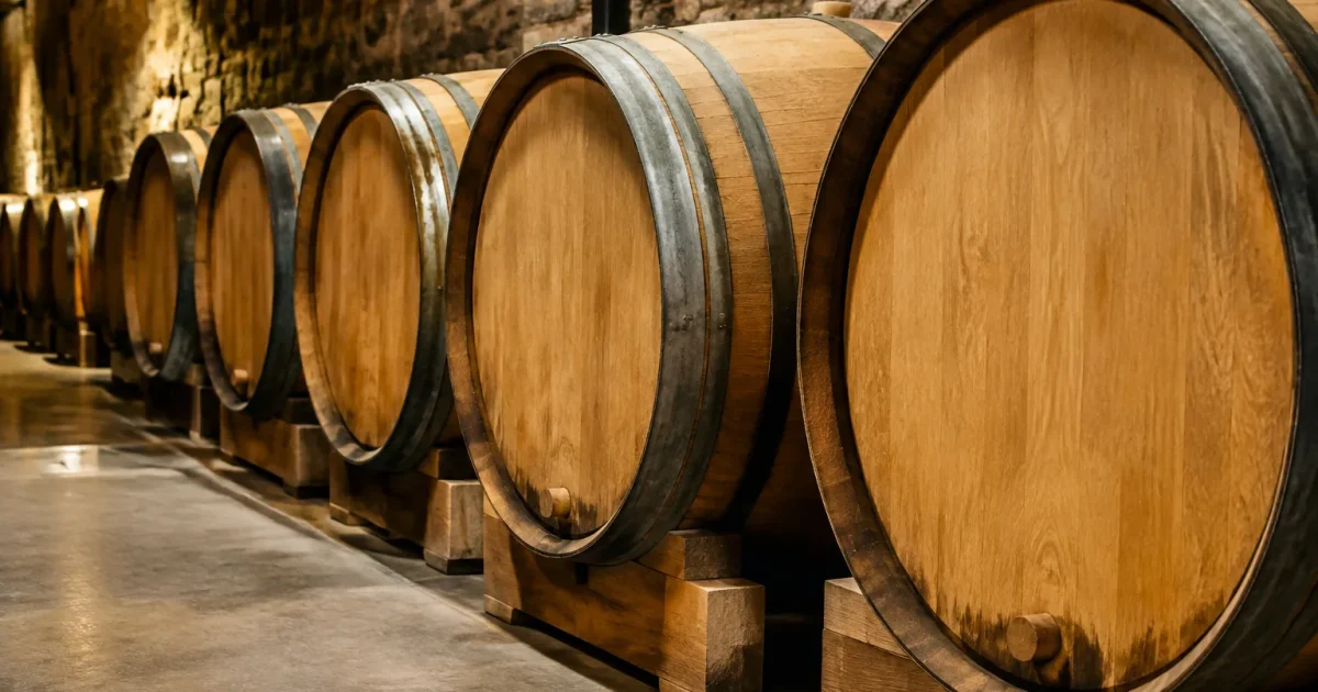 Botti di rovere disposte in fila su pavimento cantina
