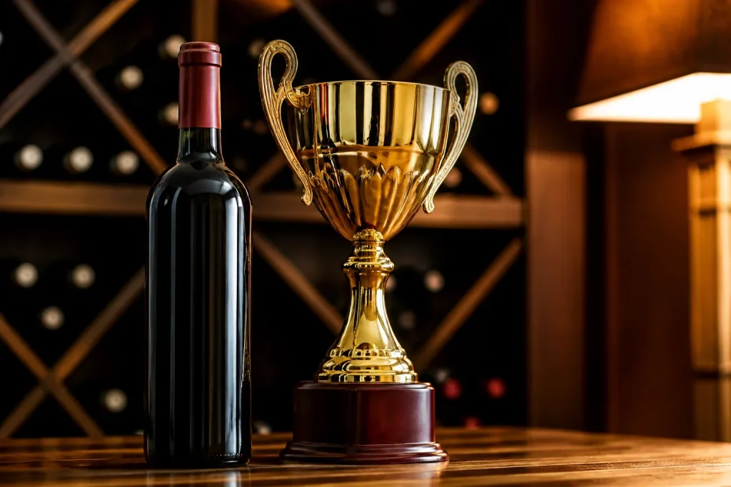 Bottiglia vino e trofeo dorato su tavolo