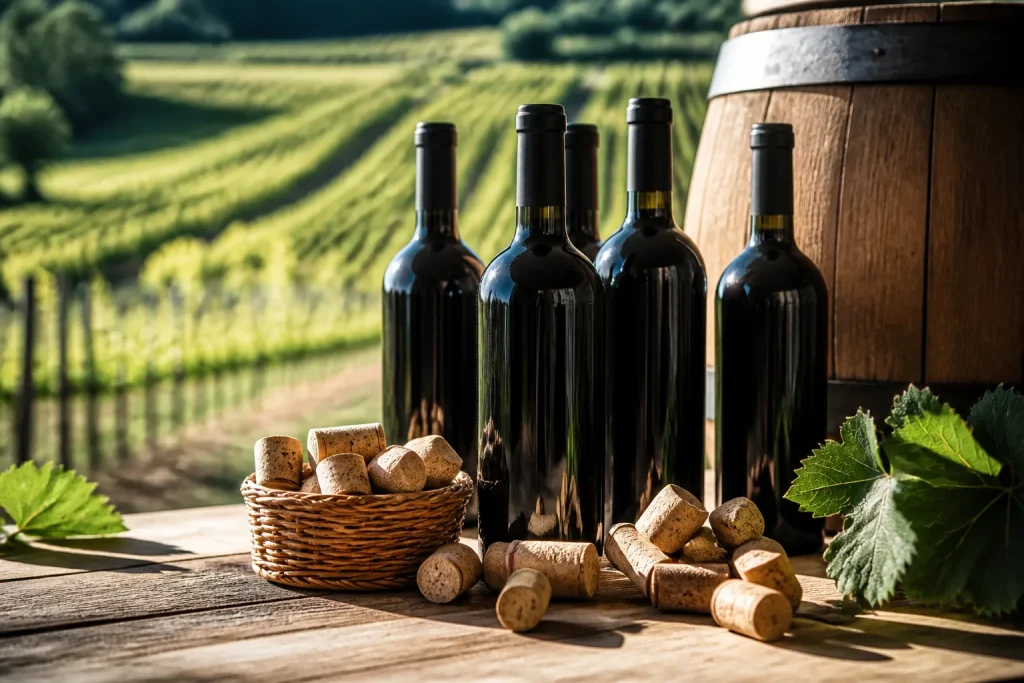 Bottiglie vetro sugheri etichette cantina viticoltura rurale