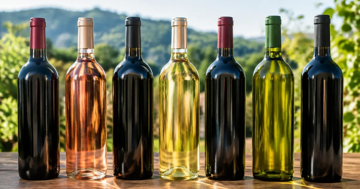 Bottiglie di vino allineate in fila sopra tavolo