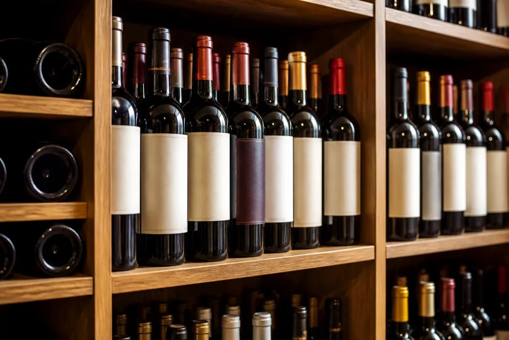 Bottiglie di vino con etichette verificate sugli scaffali