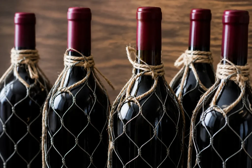 Bottiglie vino con filo metallico e corda naturale