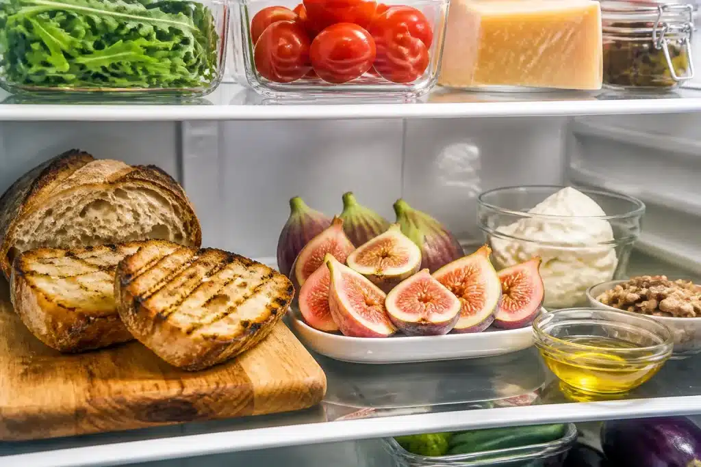 Ingredienti separati bruschetta fichi pane tostato composto frigorifero