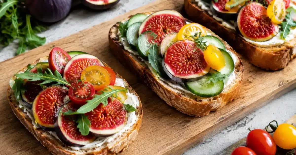 Fette di pane tostato coperte con fichi freschi e verdure disposte in fila