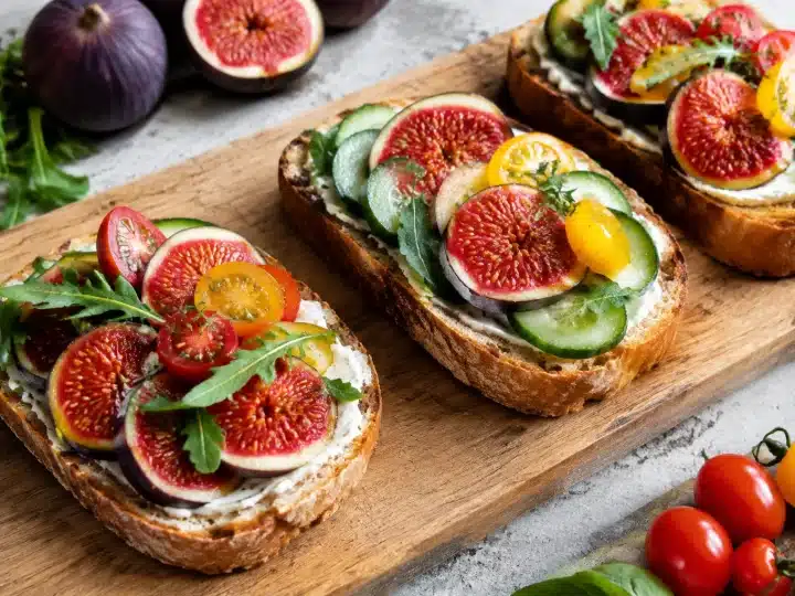 Fette di pane tostato coperte con fichi freschi e verdure disposte in fila