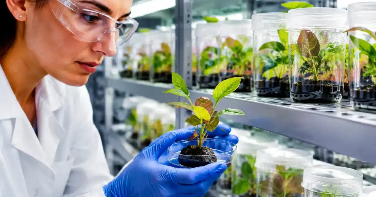 Piantine di cacao geneticamente modificate coltivate in laboratorio scientifico