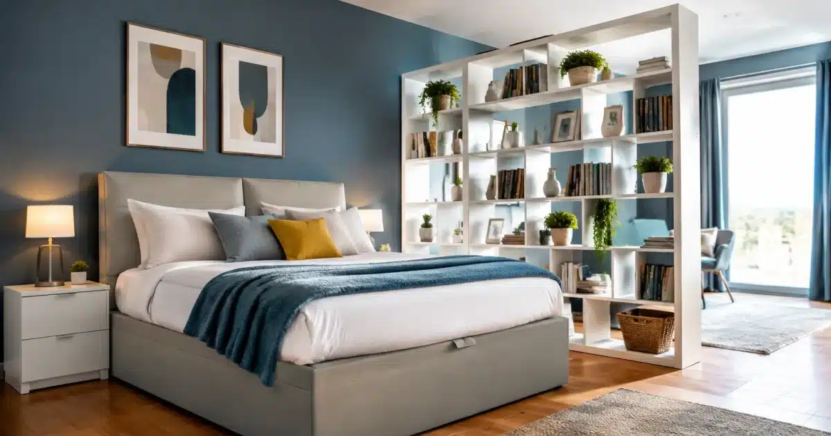 Camera da letto con letto contenitore e scaffali divisori bianchi