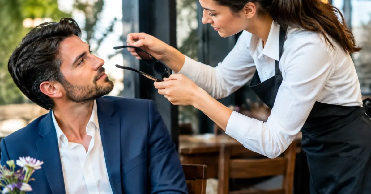 Cameriere toglie occhiali intelligenti da cliente seduto
