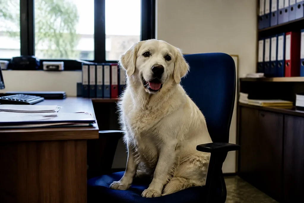 Cane bianco seduto in ufficio polizia