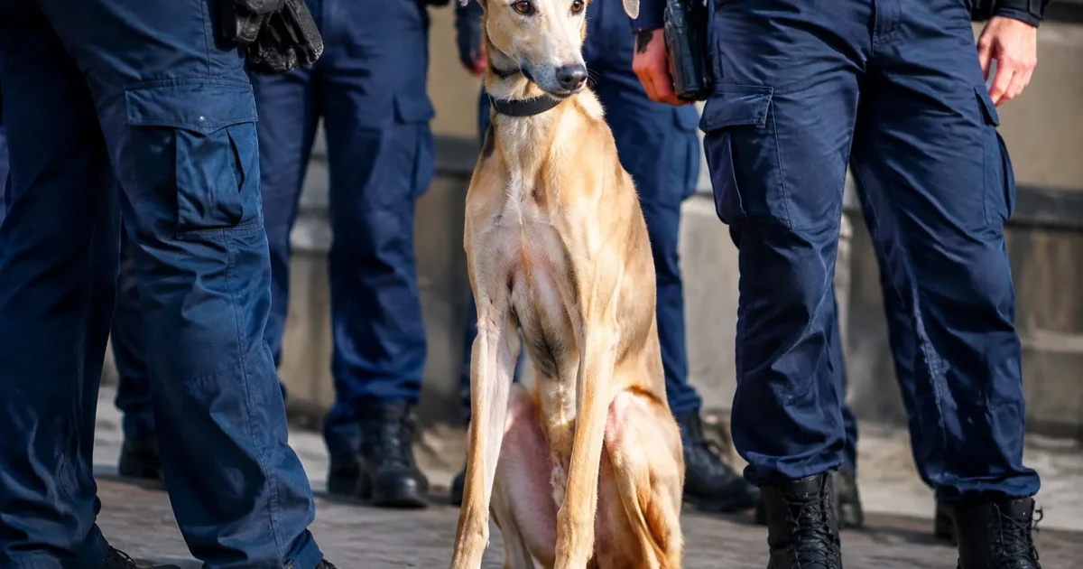 Cane magro seduto tra persone in divisa blu