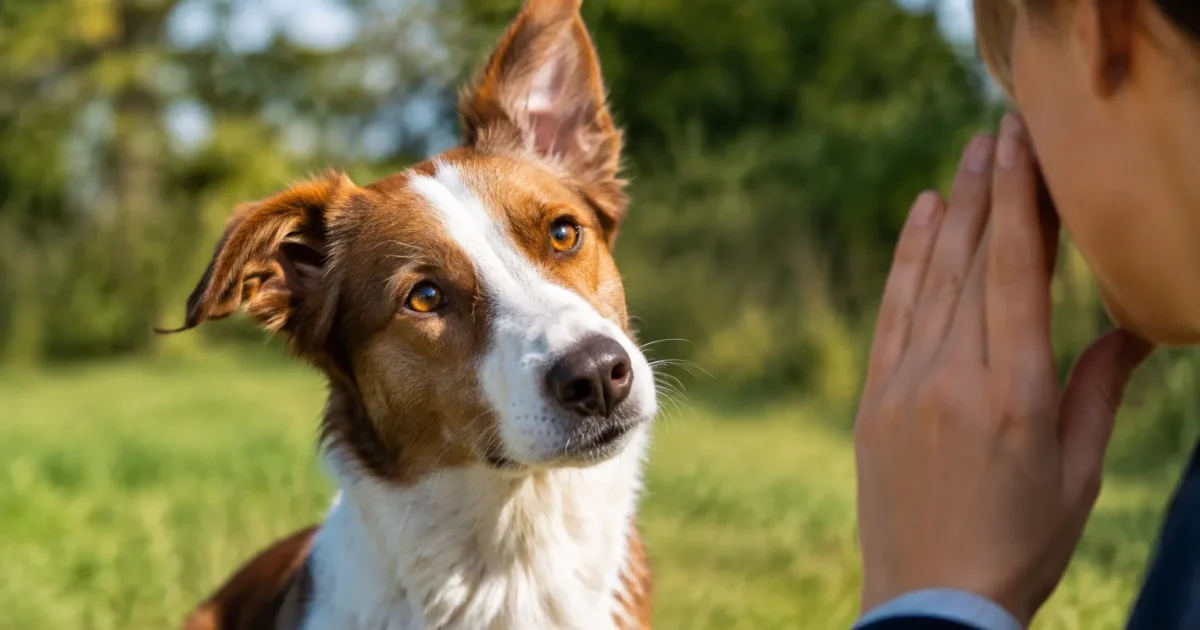 Cane con orecchio rivolto ascolta voce umana attentamente