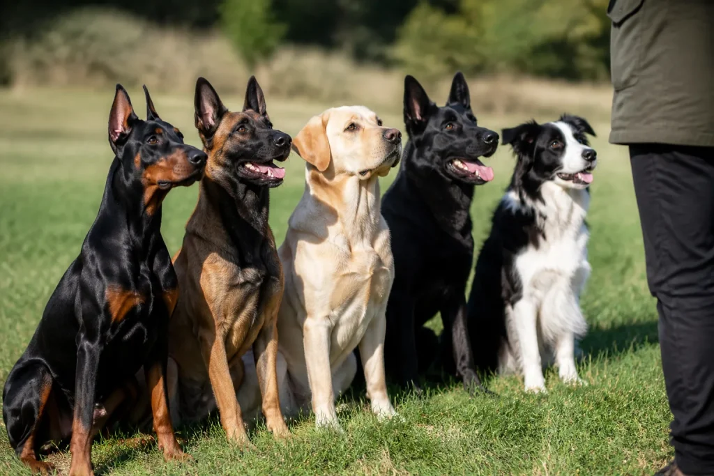 Cani concentrati con orecchie tese durante lezione di ascolto