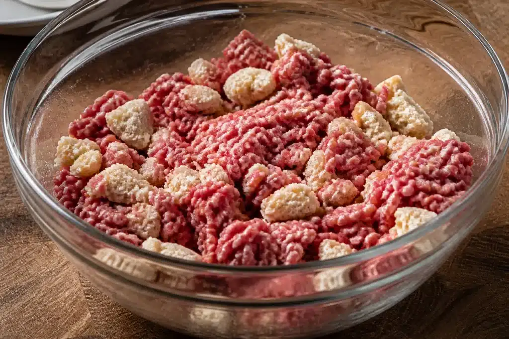 Carne tritata in ciotola con pane strizzato bagnato