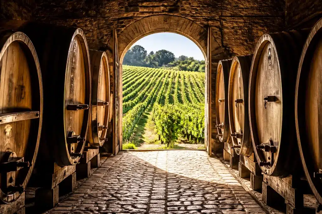 Cantina storica bordolese con botti legno e vigneto sottofondo