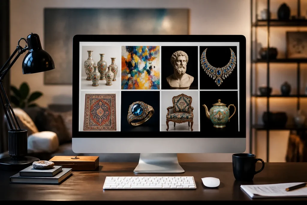 Schermo computer mostra catalogo aste con foto lotti