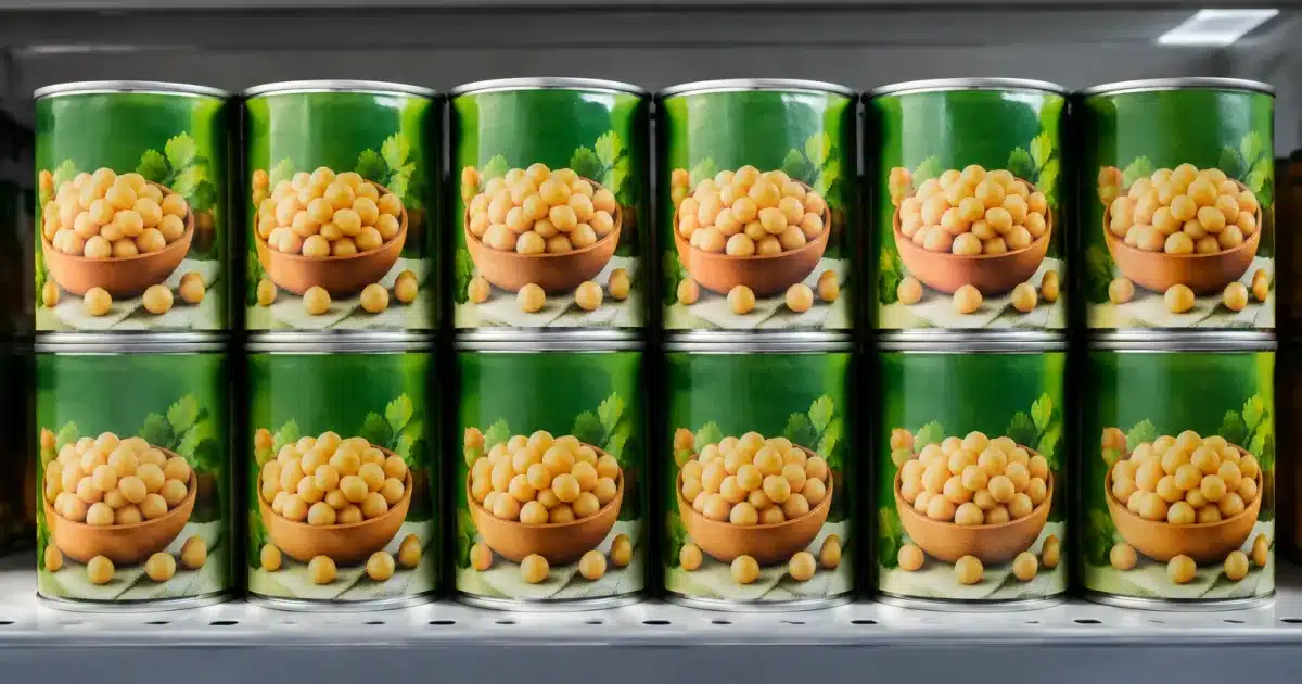 Dodici scatolette di ceci allineate su scaffale supermercato ben illuminate