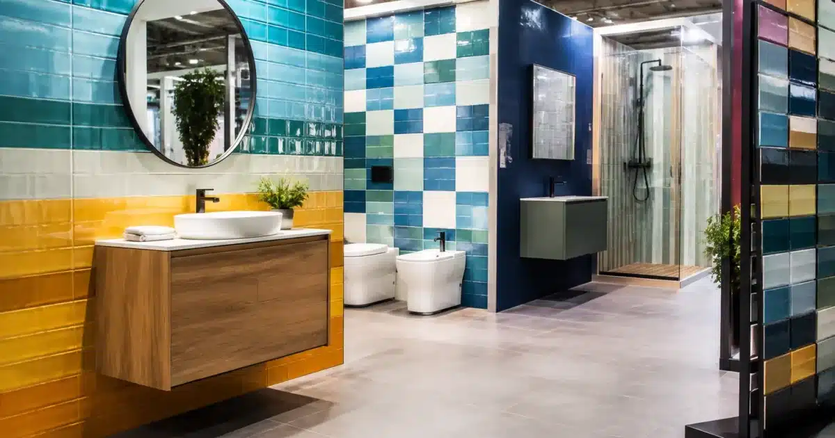 Esposizione di piastrelle colorate e sanitari per bagni su stand fieristico