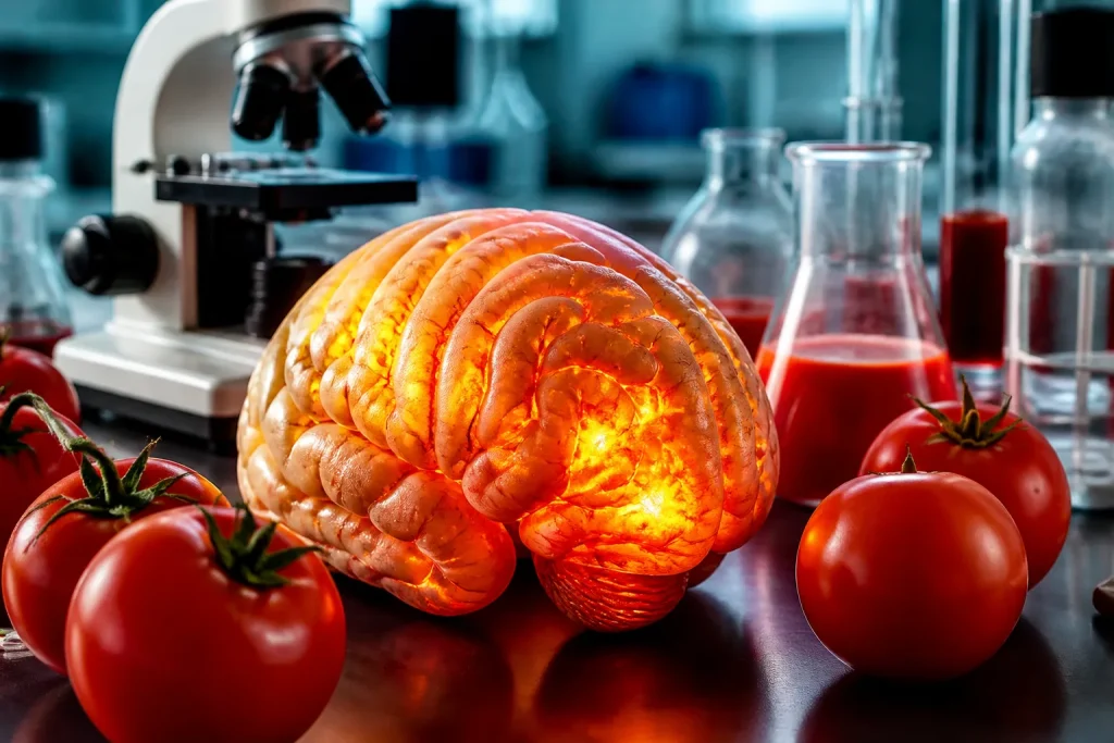 Cervello luminoso pomodori rossi tavolo laboratorio