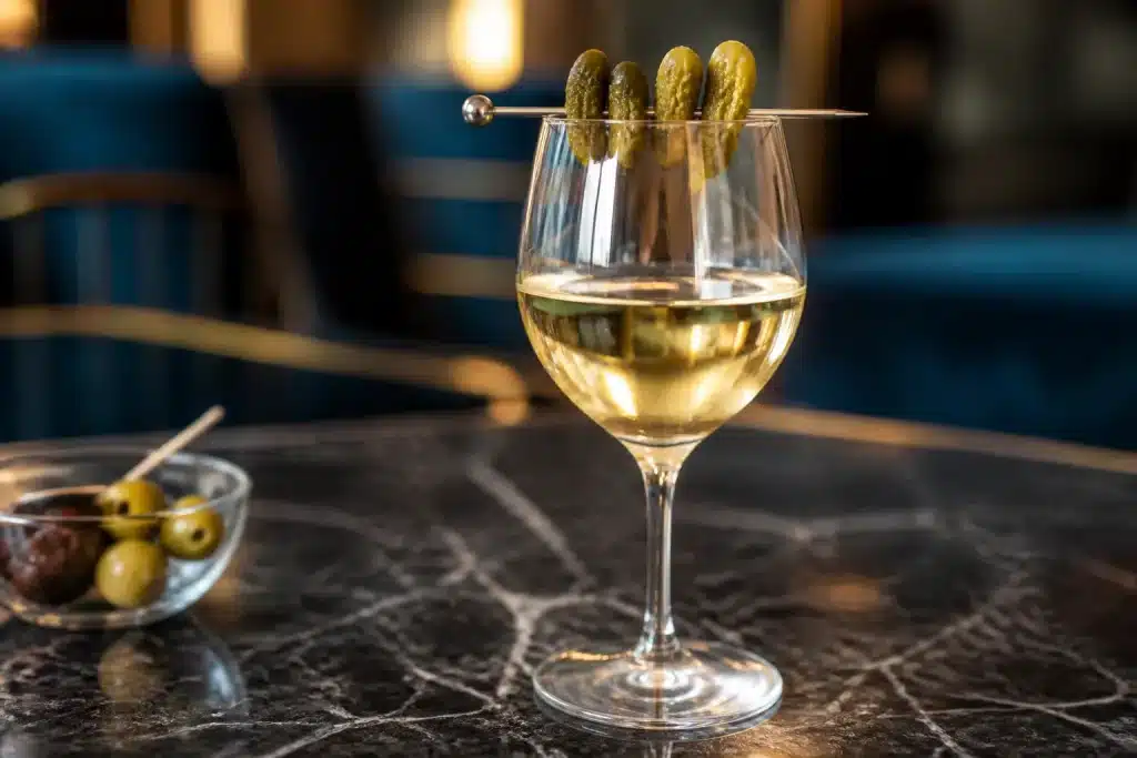 Bicchiere di vino bianco con cetriolini verdi come guarnizione