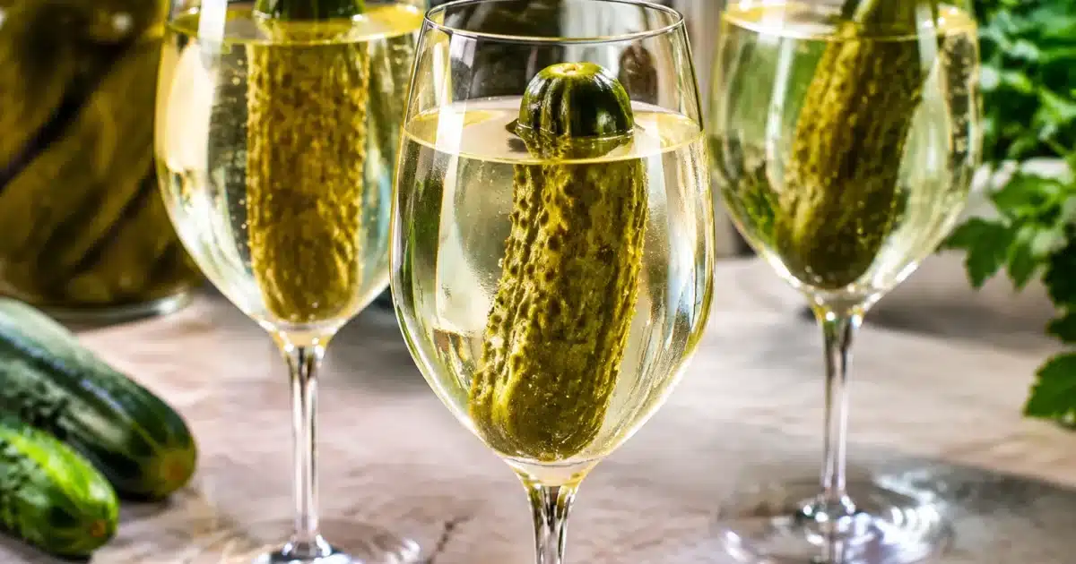 Bicchieri di vino con cetriolini verdi immersi verticalmente nel liquido
