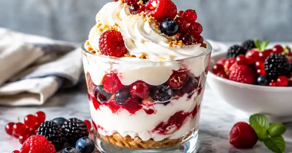 Dolce freddo stratificato con frutti rossi e panna montata