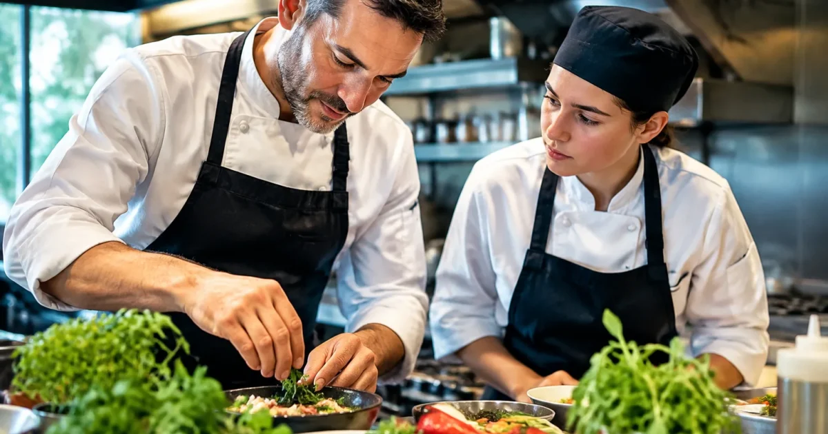 Chef prepara ingredienti mentre giovane apprendista assiste guardando concentrato