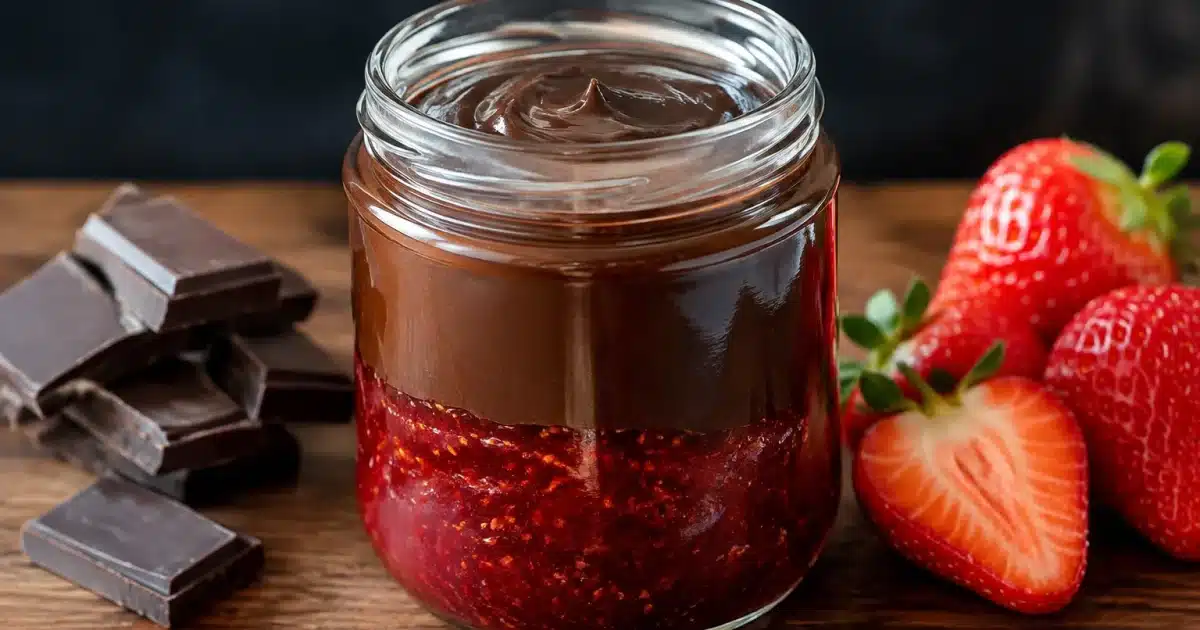 Vasetto di vetro con cioccolato e marmellata separati visibilmente