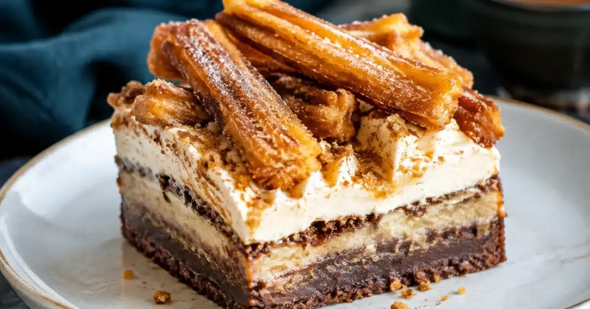 Fetta di dolce stratificato con churros croccanti sopra crema bianca