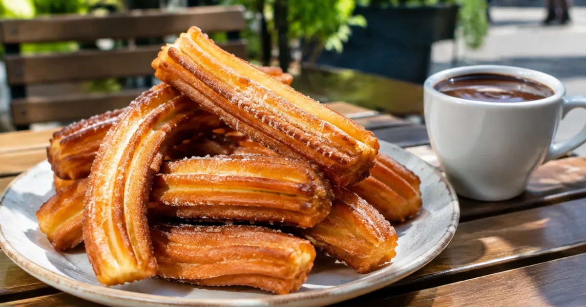Churros dorati croccanti impilati su tavolo bar esterno