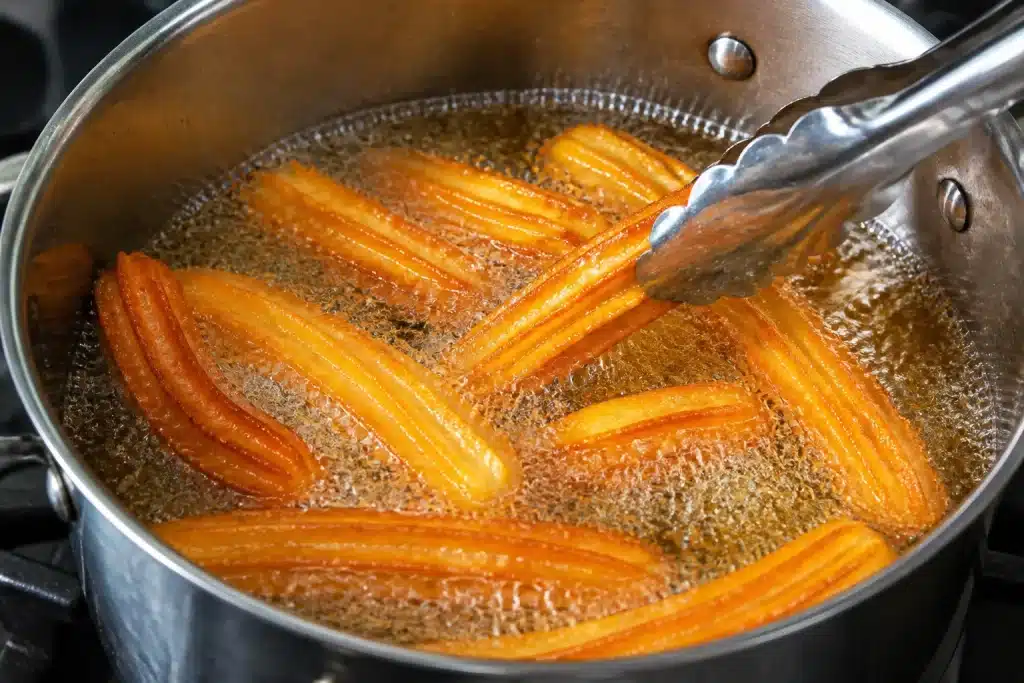 Churros dorati in olio bollente dentro pentola metallica