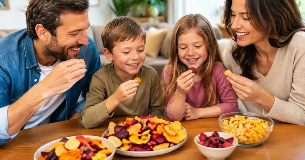 Genitori e bambini seduti insieme degustano snack colorati da piatti.