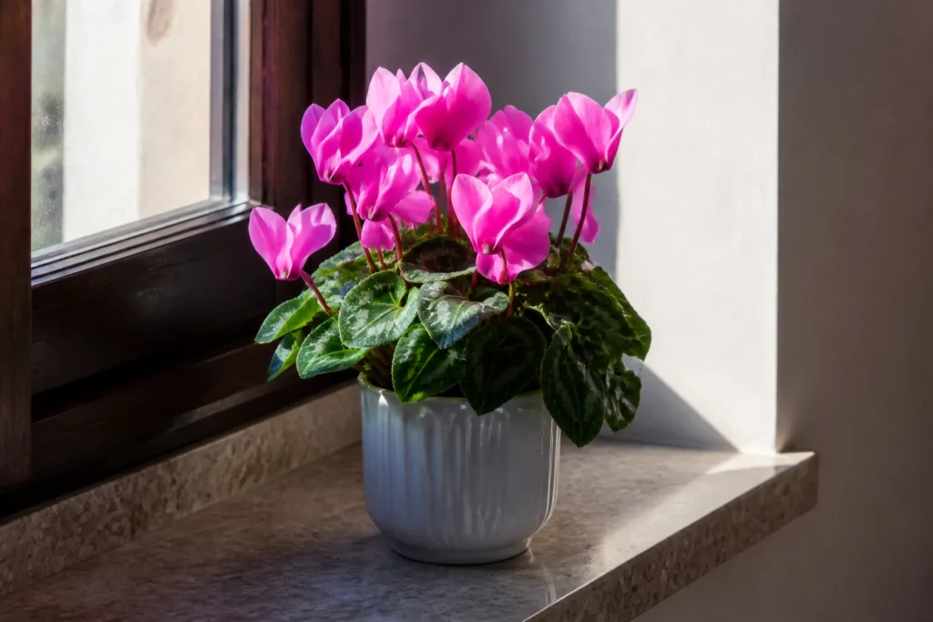 Pianta ciclamino in vaso su davanzale con luce parziale