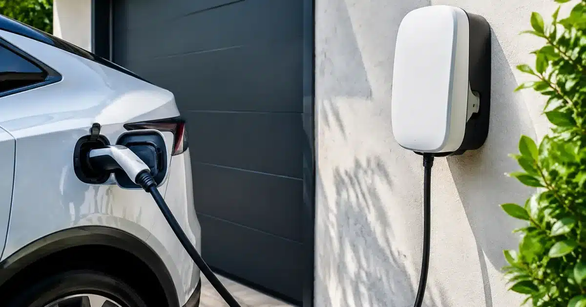 Colonnina di ricarica bianca montata su parete domestica accanto automobile elettrica.