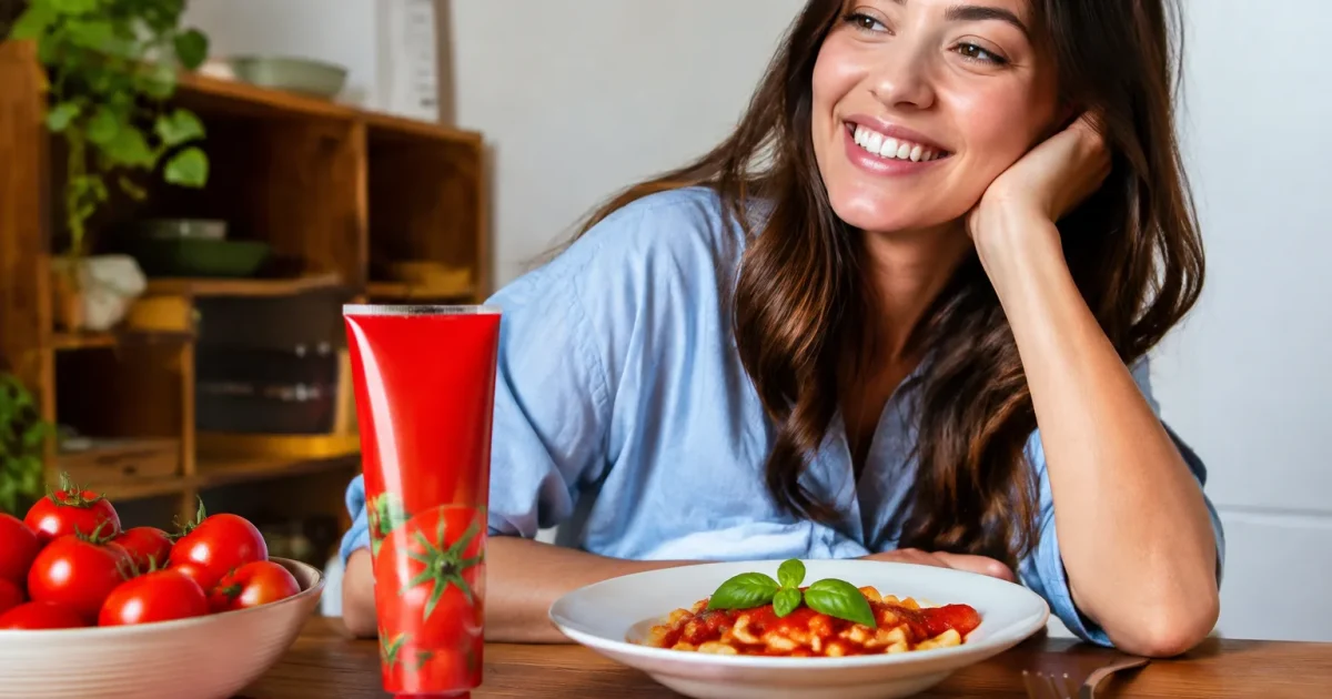 Tubo concentrato pomodoro rosso accanto persona seduta tavolo