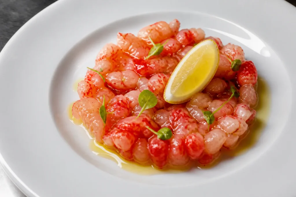 Crustaceo rosso tartare con limone su piatto