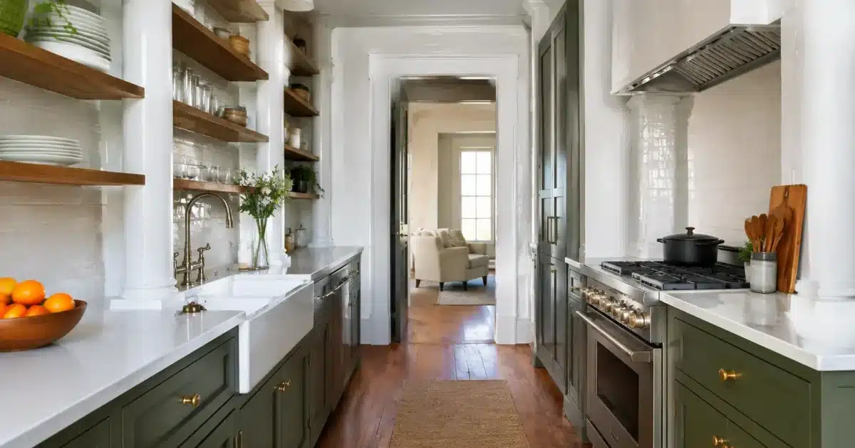 Cucina stretta con mensole integrate tra pilastri colonnari bianchi