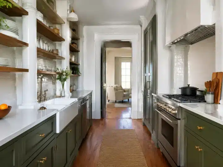 Cucina stretta con mensole integrate tra pilastri colonnari bianchi