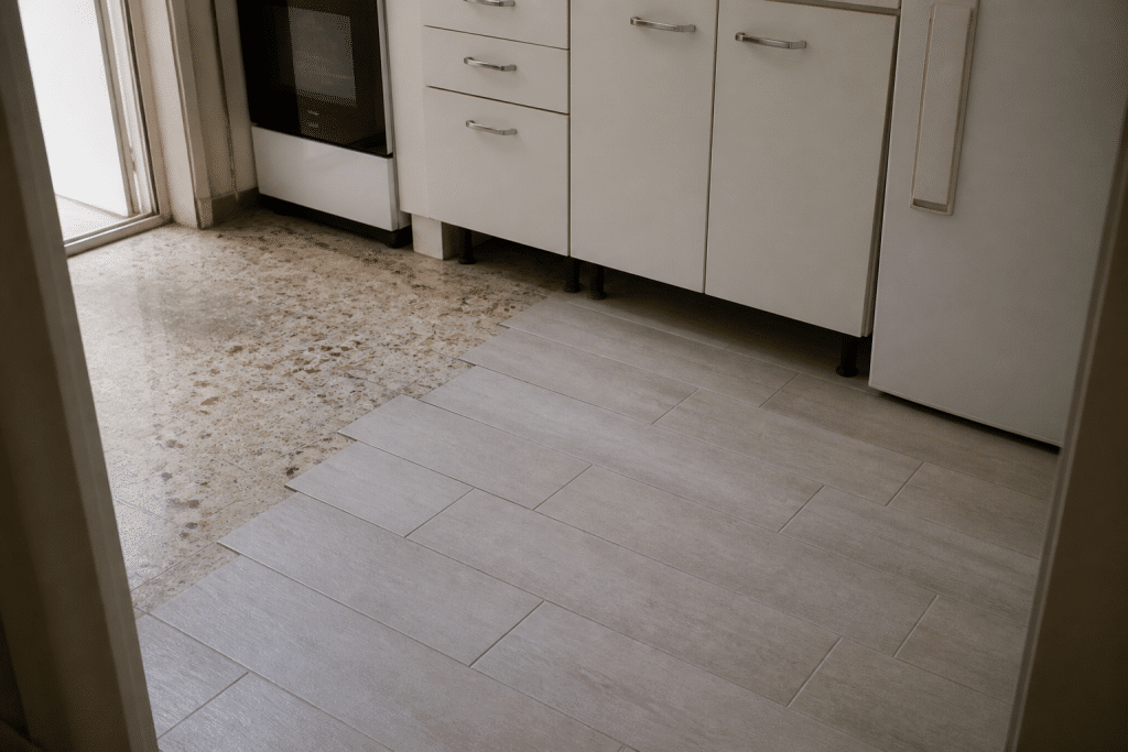 Cucina con pavimento nuovo sovrapposto su vecchio