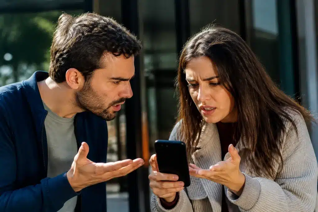 Persone discutono animatamente davanti schermo smartphone
